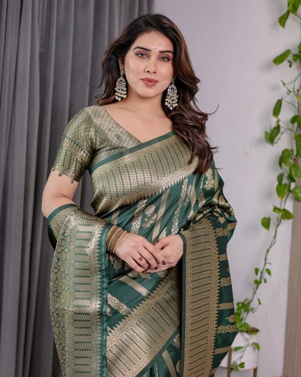 Teal Green Banarasi Soft Silk Saree With Golden Zari Border