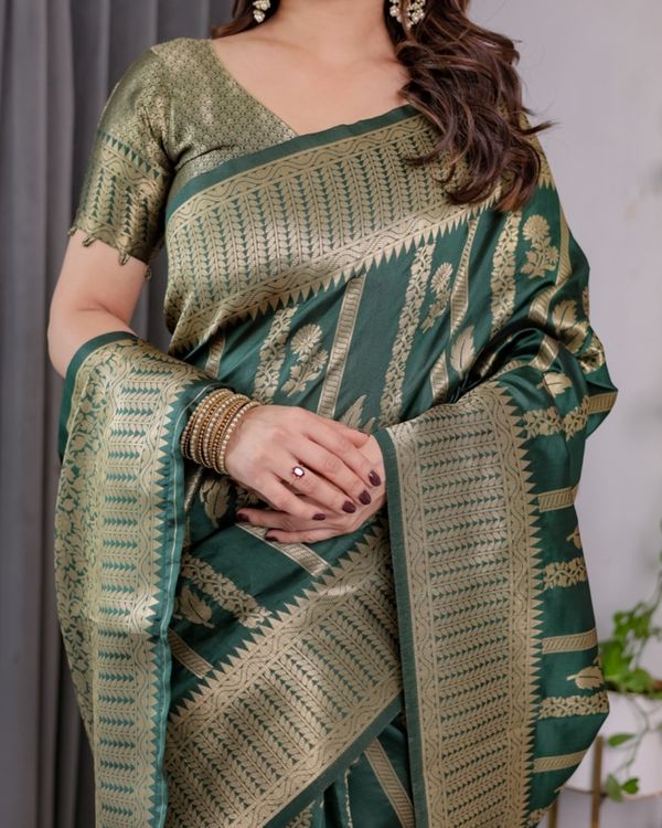 Teal Green Banarasi Soft Silk Saree With Golden Zari Border