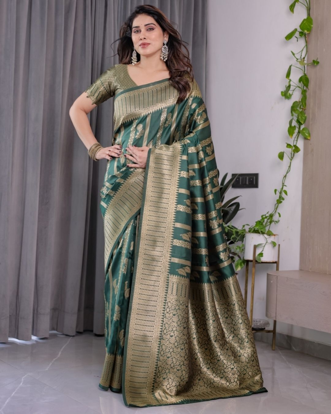 Teal Green Banarasi Soft Silk Saree With Golden Zari Border