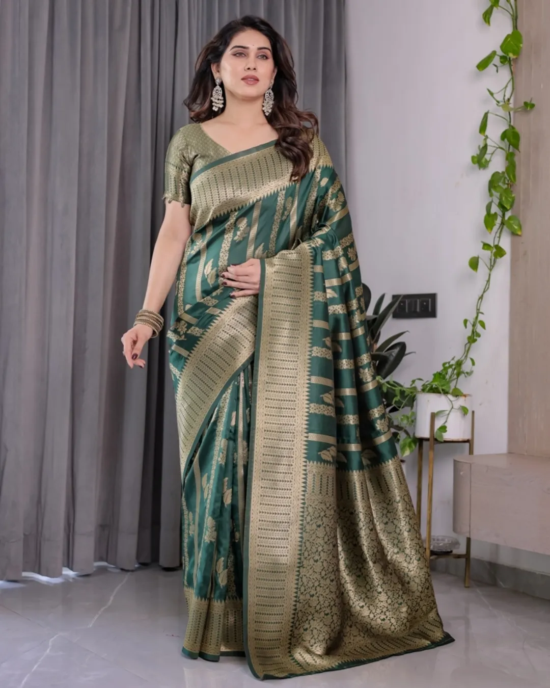 Teal Green Banarasi Soft Silk Saree With Golden Zari Border