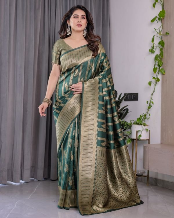 Teal Green Banarasi Soft Silk Saree With Golden Zari Border