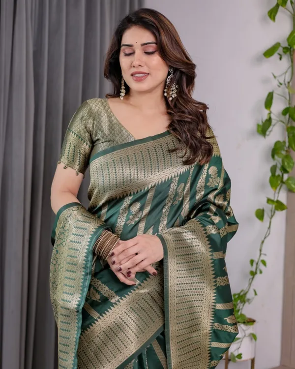 Teal Green Banarasi Soft Silk Saree With Golden Zari Border