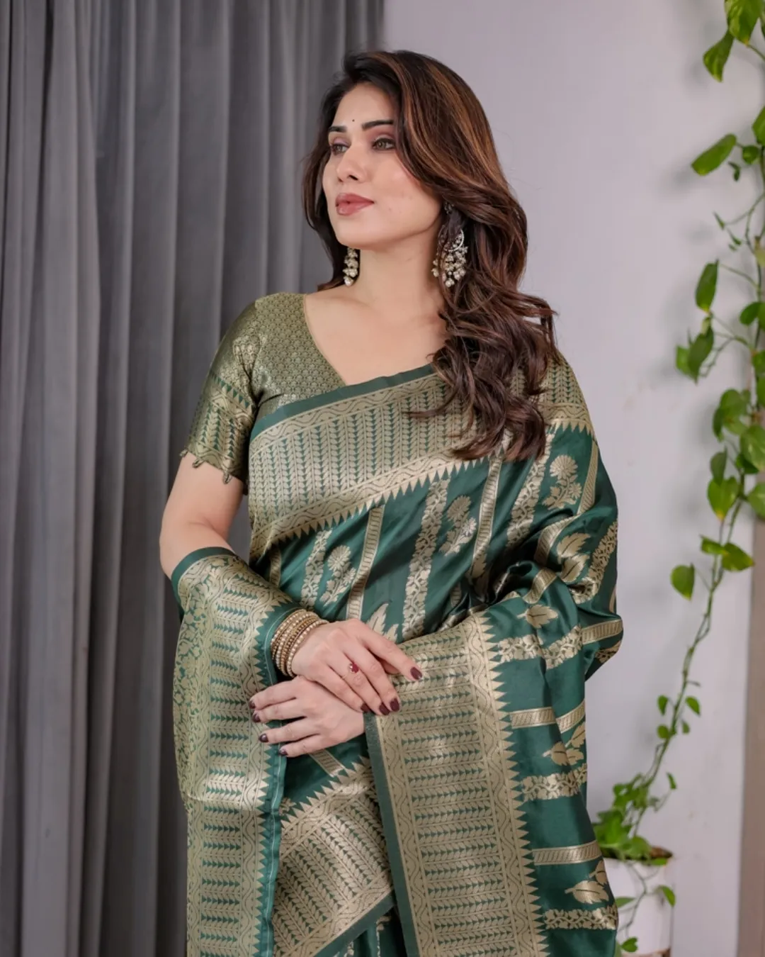 Teal Green Banarasi Soft Silk Saree With Golden Zari Border
