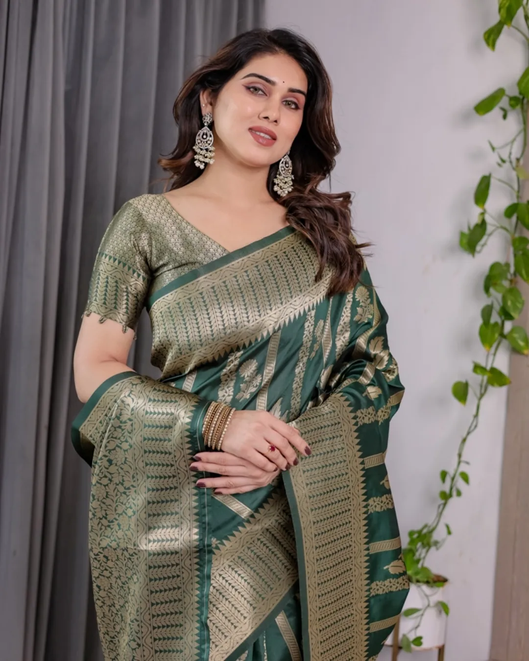 Teal Green Banarasi Soft Silk Saree With Golden Zari Border