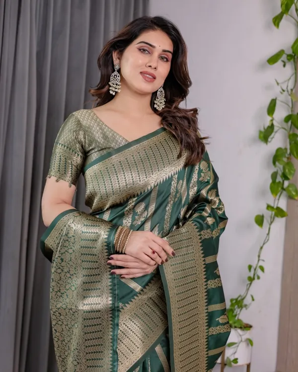 Teal Green Banarasi Soft Silk Saree With Golden Zari Border