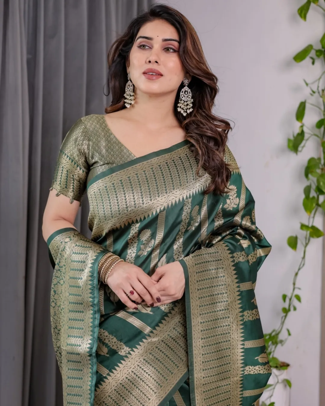 Teal Green Banarasi Soft Silk Saree With Golden Zari Border