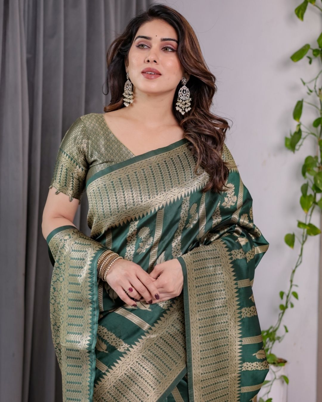 Teal Green Banarasi Soft Silk Saree With Golden Zari Border