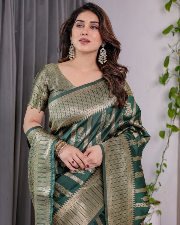 Teal Green Banarasi Soft Silk Saree With Golden Zari Border