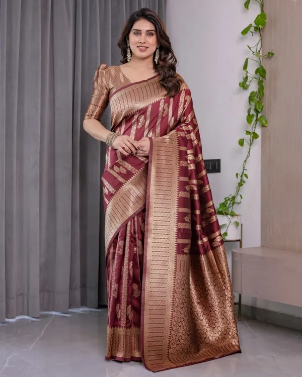 Maroon Banarasi Soft Silk Saree With Golden Zari Border