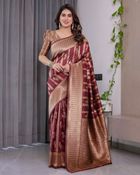 Maroon Banarasi Soft Silk Saree With Golden Zari Border - Maroon, Wine
