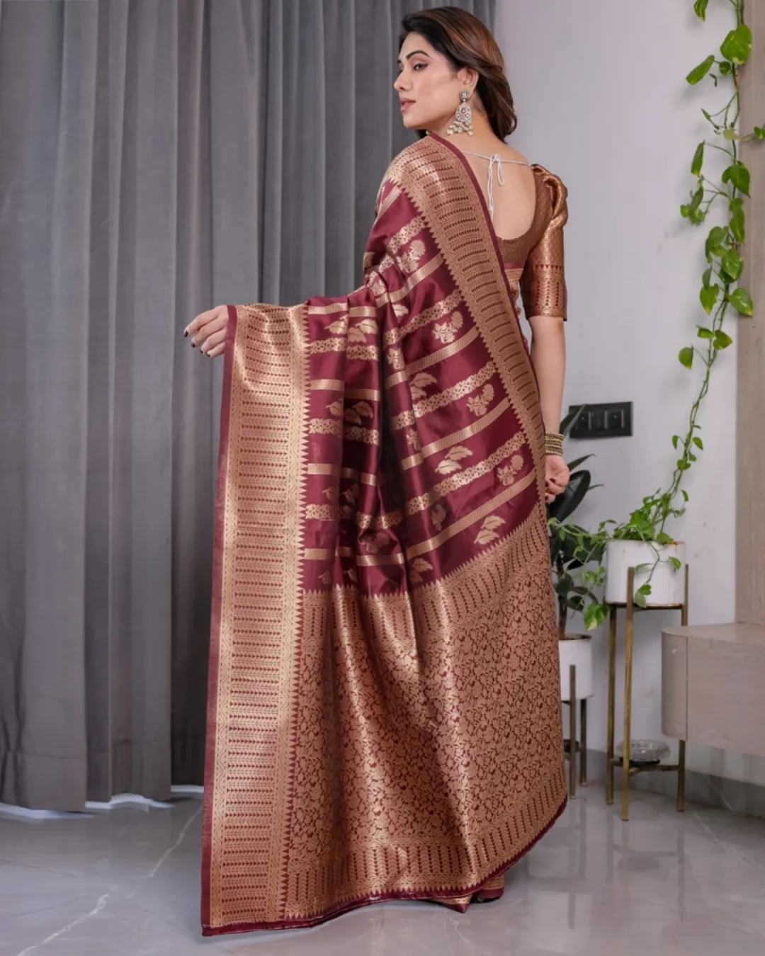 Maroon Banarasi Soft Silk Saree With Golden Zari Border