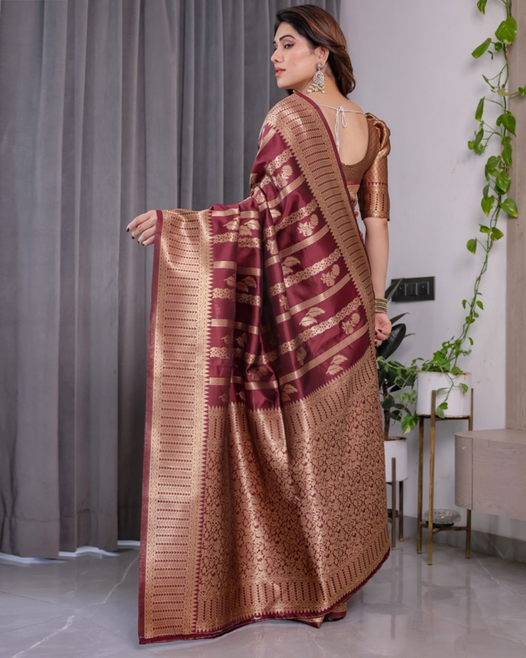 Maroon Banarasi Soft Silk Saree With Golden Zari Border