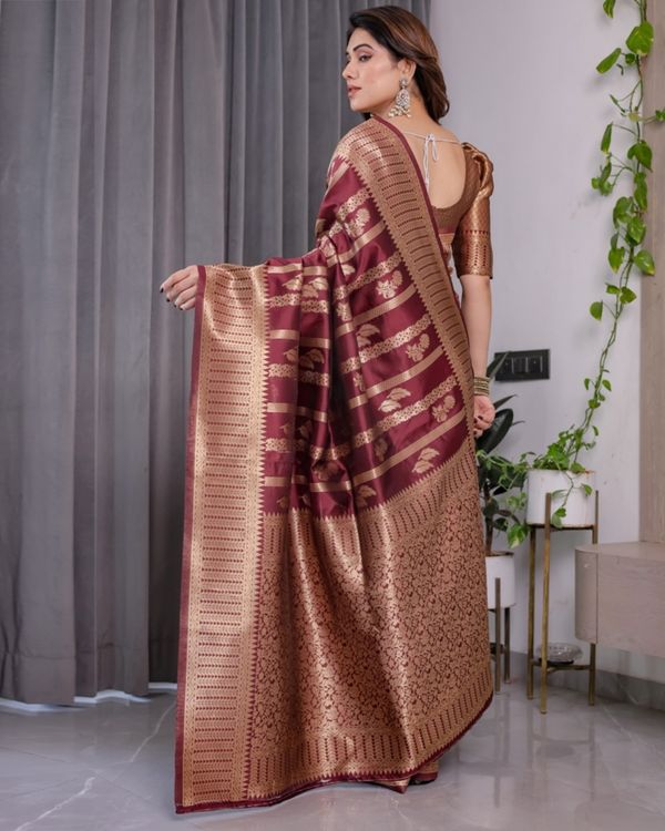 Maroon Banarasi Soft Silk Saree With Golden Zari Border