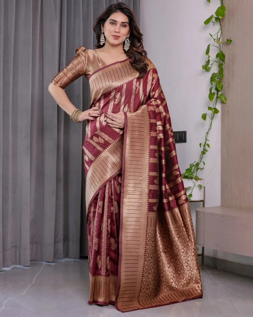 Maroon Banarasi Soft Silk Saree With Golden Zari Border