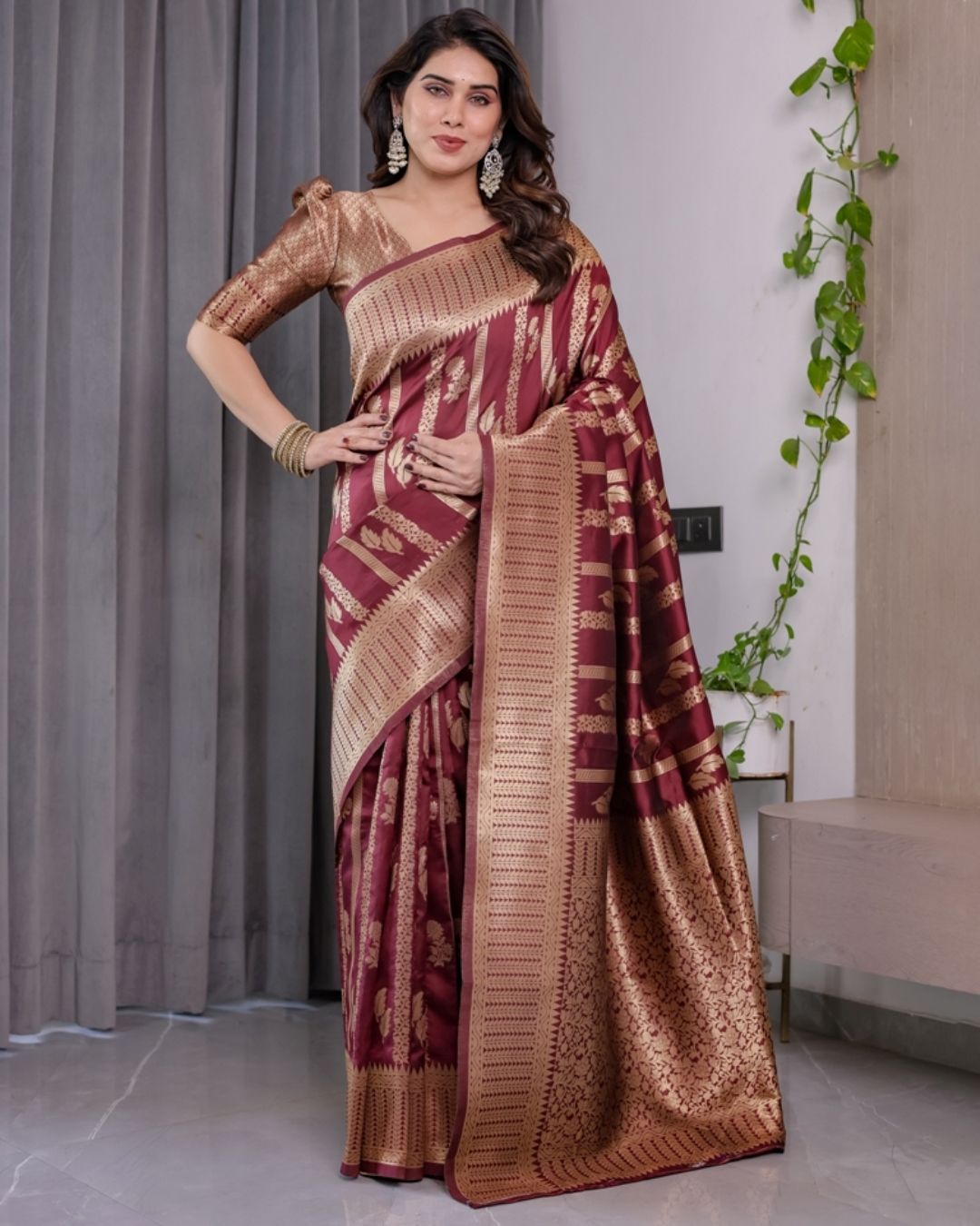 Maroon Banarasi Soft Silk Saree With Golden Zari Border