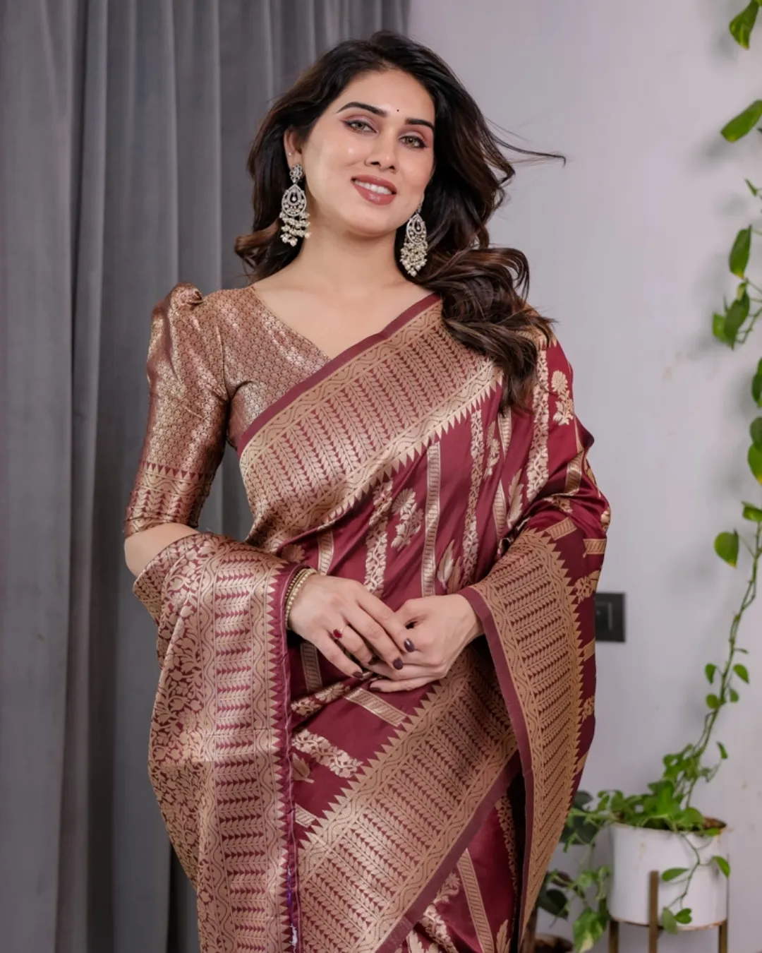 Maroon Banarasi Soft Silk Saree With Golden Zari Border