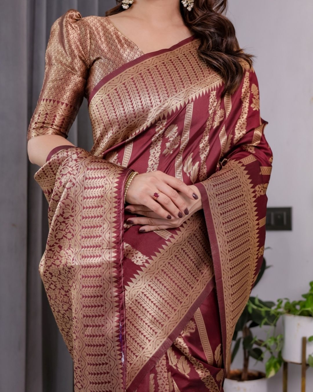 Maroon Banarasi Soft Silk Saree With Golden Zari Border