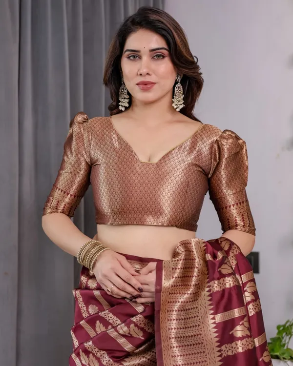 Maroon Banarasi Soft Silk Saree With Golden Zari Border