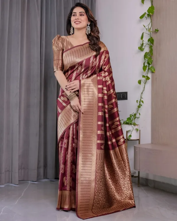 Maroon Banarasi Soft Silk Saree With Golden Zari Border