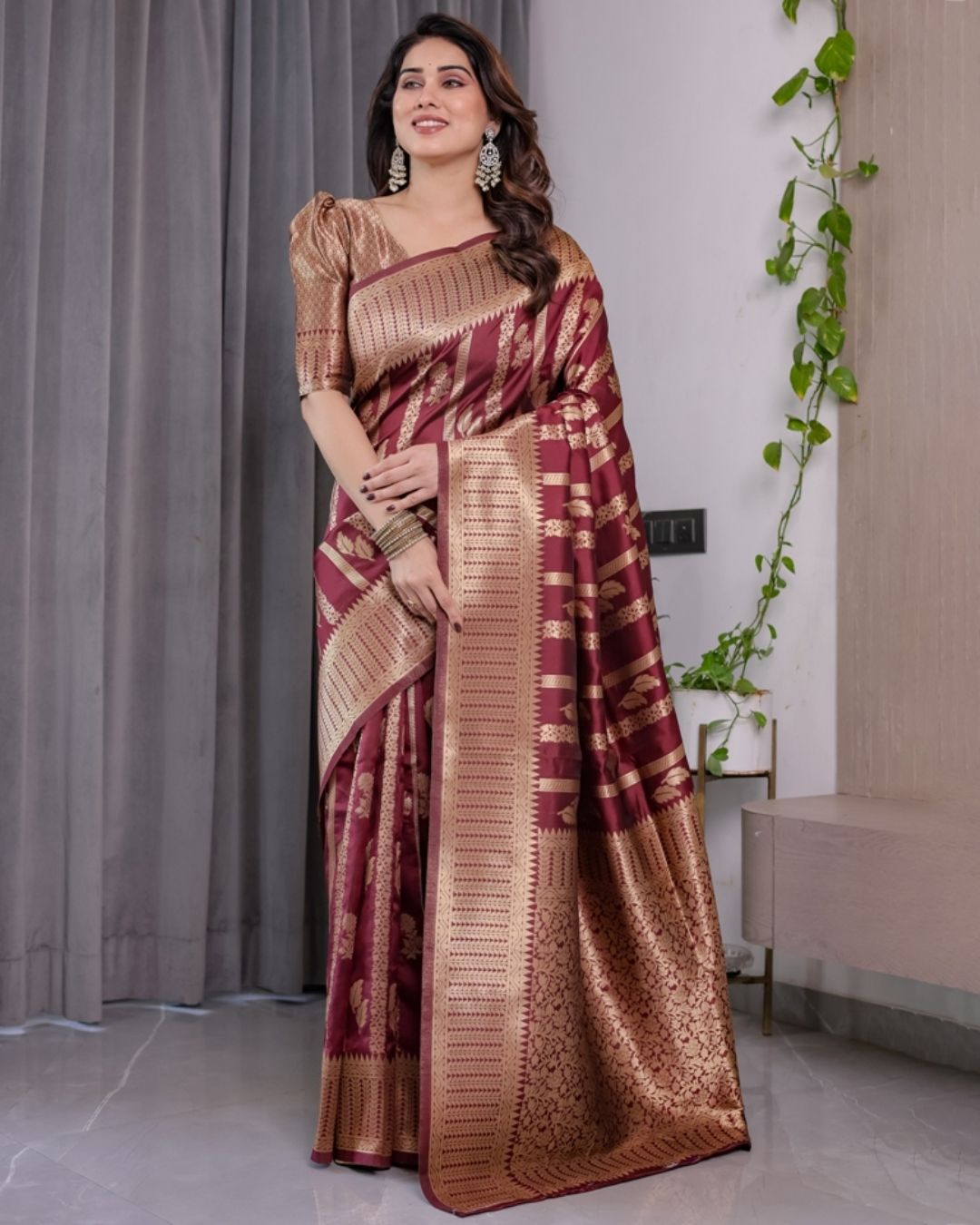 Maroon Banarasi Soft Silk Saree With Golden Zari Border