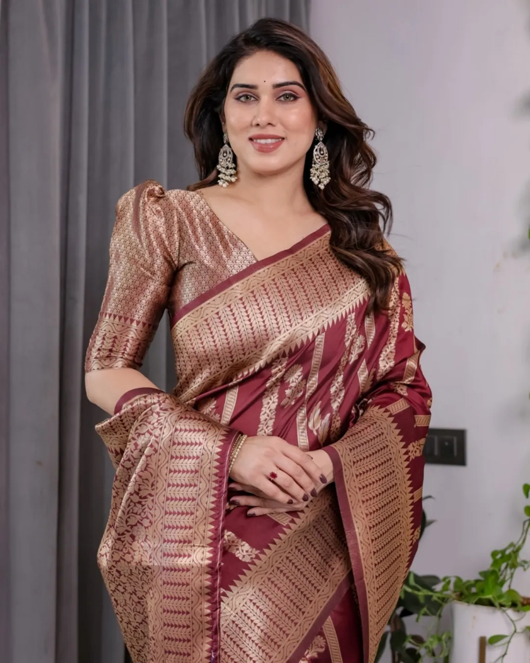 Maroon Banarasi Soft Silk Saree With Golden Zari Border