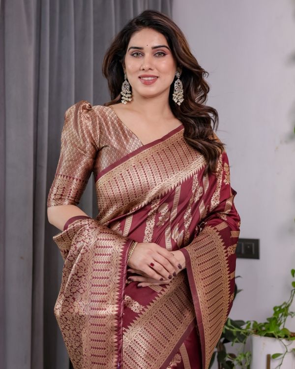 Maroon Banarasi Soft Silk Saree With Golden Zari Border