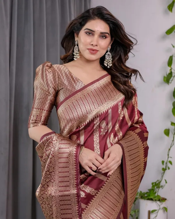 Maroon Banarasi Soft Silk Saree With Golden Zari Border