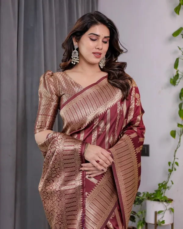 Maroon Banarasi Soft Silk Saree With Golden Zari Border