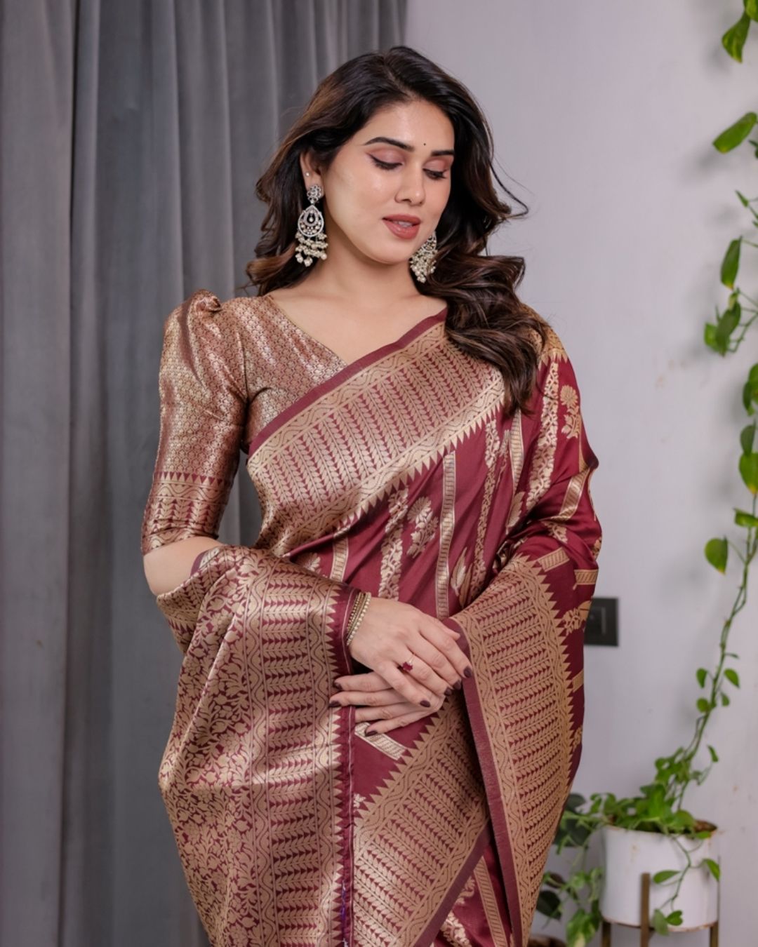 Maroon Banarasi Soft Silk Saree With Golden Zari Border