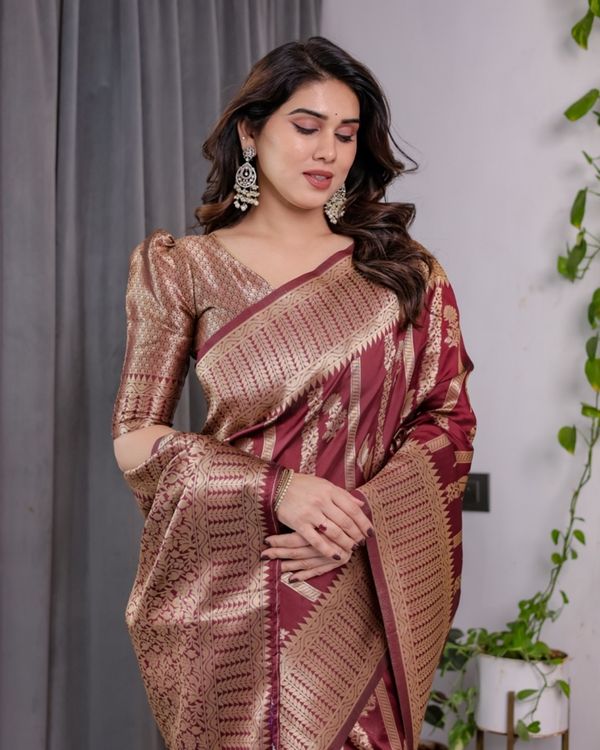 Maroon Banarasi Soft Silk Saree With Golden Zari Border