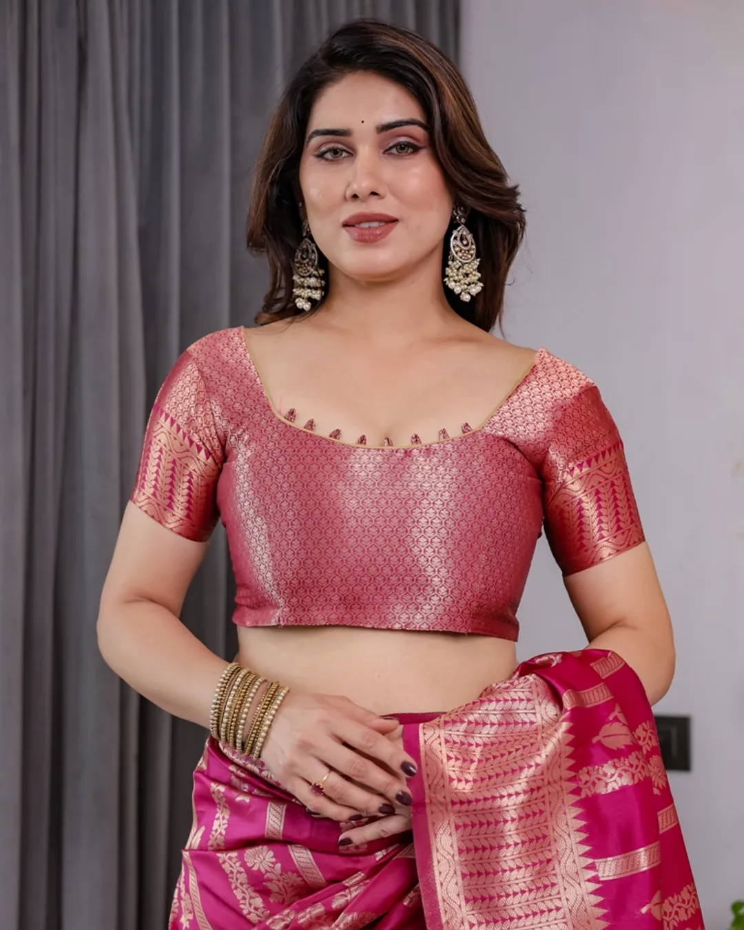 Rani Pink Banarasi Soft Silk Saree With Golden Zari Borders