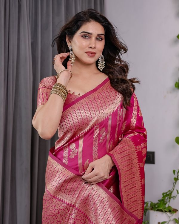 Rani Pink Banarasi Soft Silk Saree With Golden Zari Borders