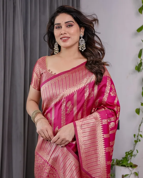 Rani Pink Banarasi Soft Silk Saree With Golden Zari Borders