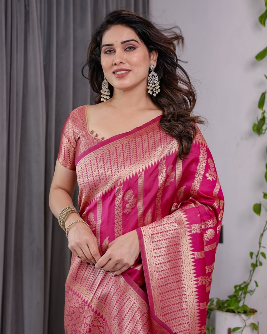 Rani Pink Banarasi Soft Silk Saree With Golden Zari Borders