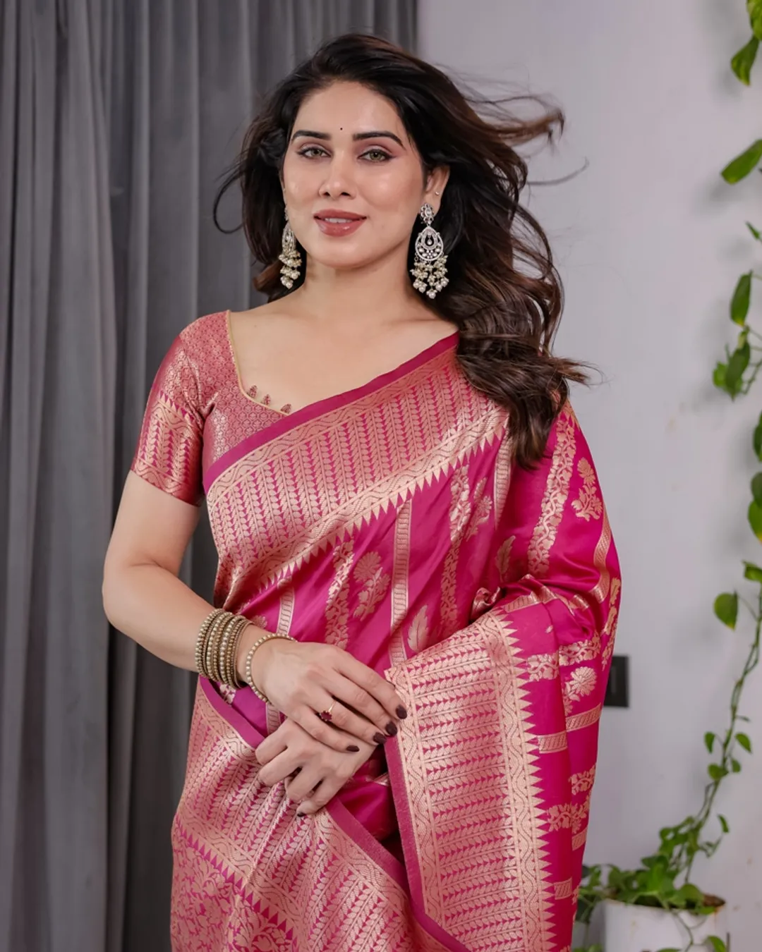 Rani Pink Banarasi Soft Silk Saree With Golden Zari Borders