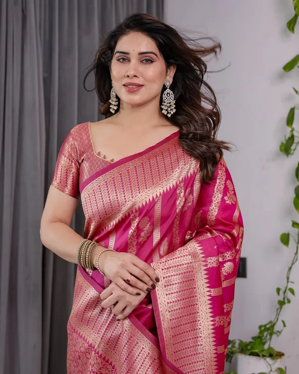 Rani Pink Banarasi Soft Silk Saree With Golden Zari Borders