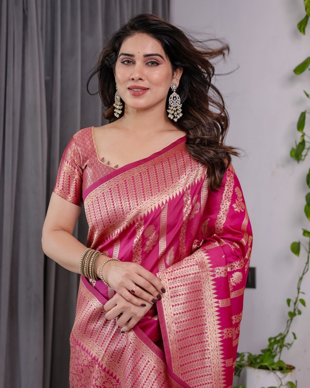 Rani Pink Banarasi Soft Silk Saree With Golden Zari Borders