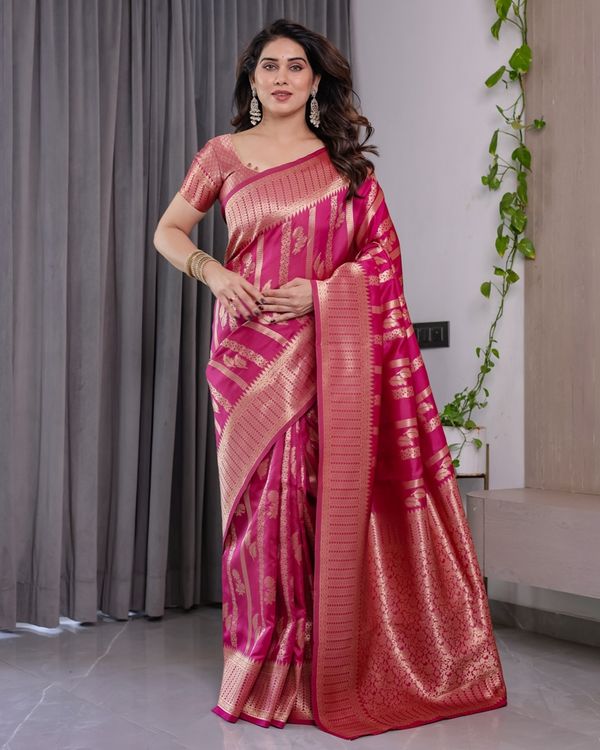 Rani Pink Banarasi Soft Silk Saree With Golden Zari Borders