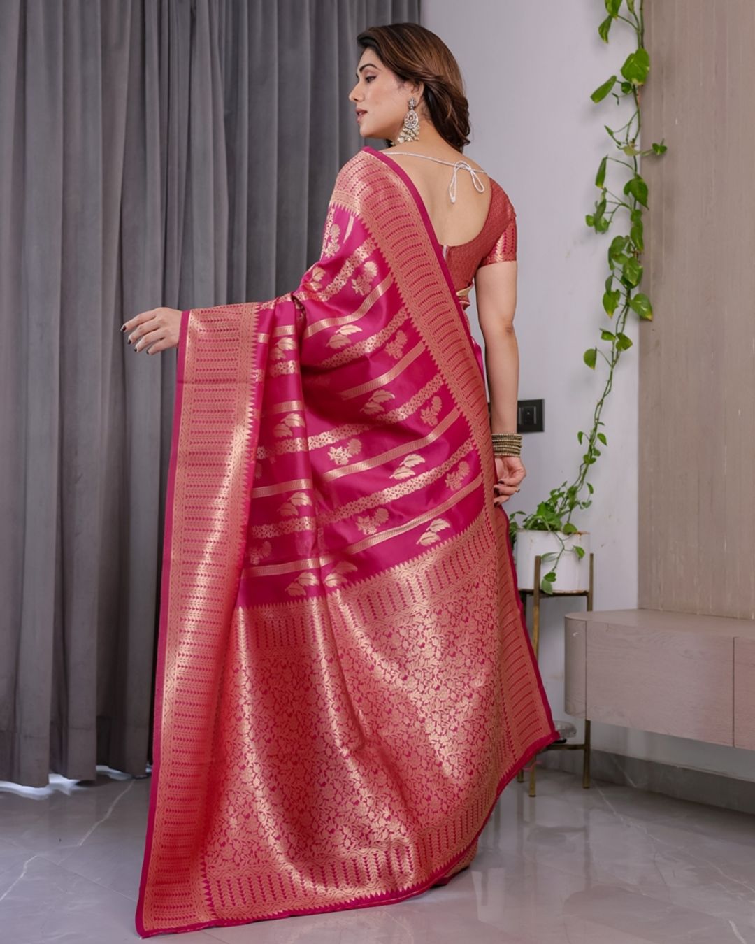 Rani Pink Banarasi Soft Silk Saree With Golden Zari Borders