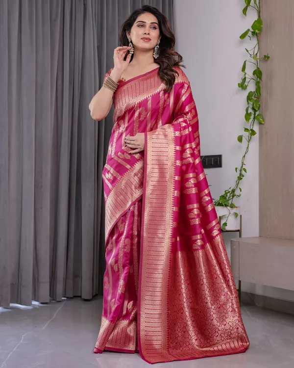 Rani Pink Banarasi Soft Silk Saree With Golden Zari Borders