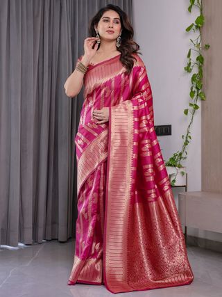 Rani Pink Banarasi Soft Silk Saree With Golden Zari Borders