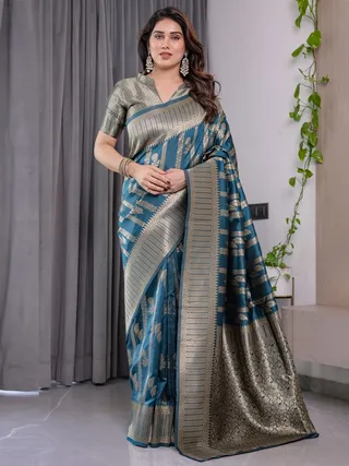 Teal Blue Banarasi Soft Silk Saree with Elegant Zari Border