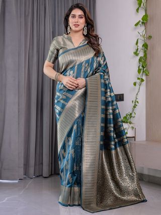 Teal Blue Banarasi Soft Silk Saree With Elegant Zari Border