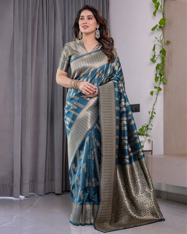 Teal Blue Banarasi Soft Silk Saree With Elegant Zari Border