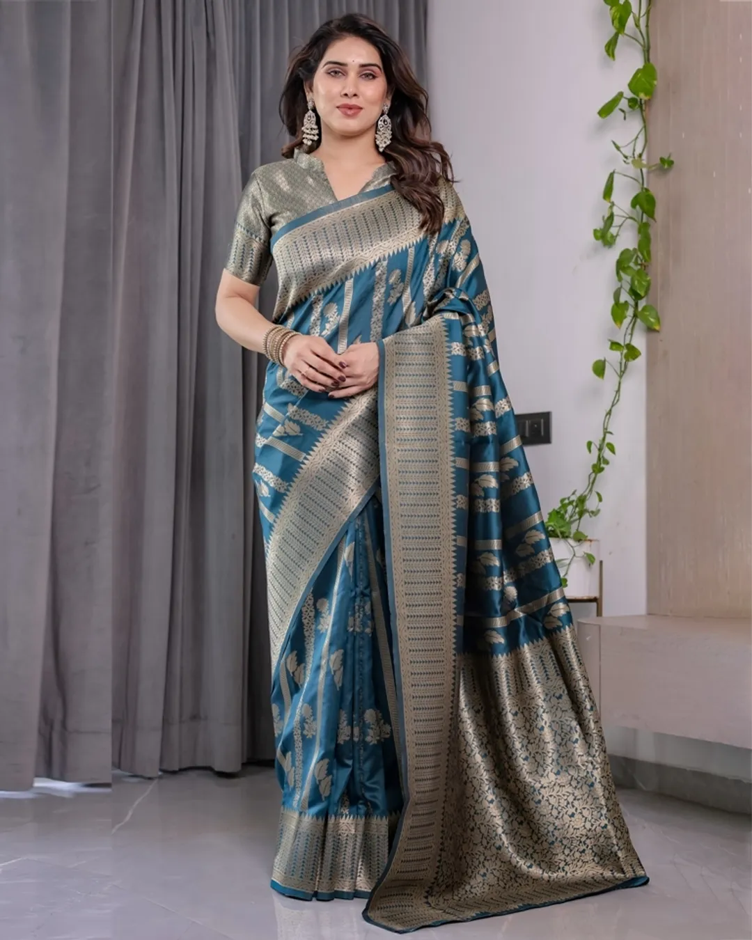 Teal Blue Banarasi Soft Silk Saree With Elegant Zari Border