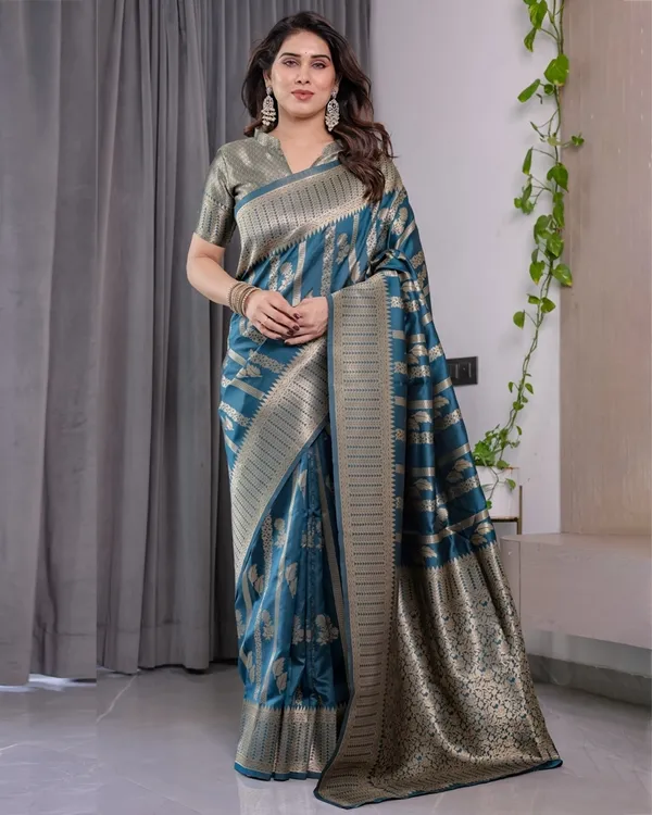 Teal Blue Banarasi Soft Silk Saree With Elegant Zari Border