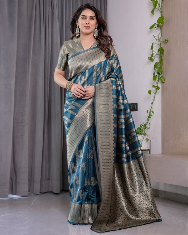 Teal Blue Banarasi Soft Silk Saree With Elegant Zari Border