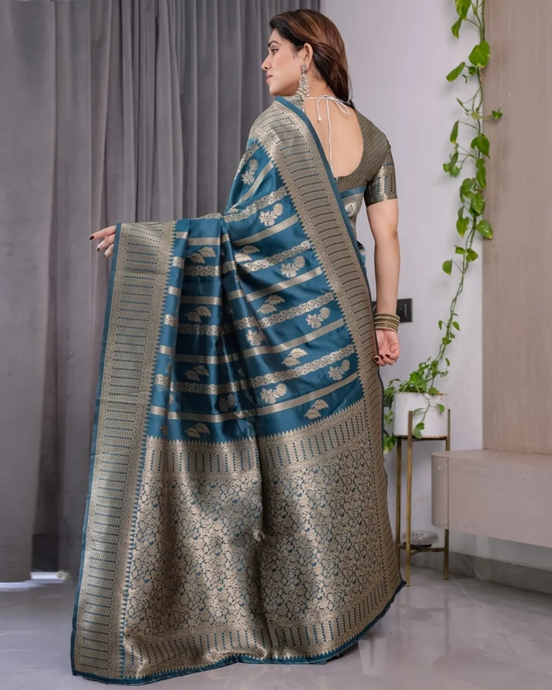 Teal Blue Banarasi Soft Silk Saree With Elegant Zari Border