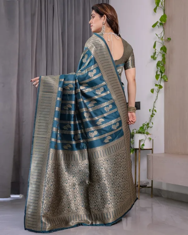 Teal Blue Banarasi Soft Silk Saree With Elegant Zari Border