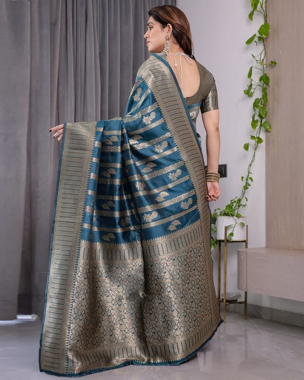 Teal Blue Banarasi Soft Silk Saree With Elegant Zari Border